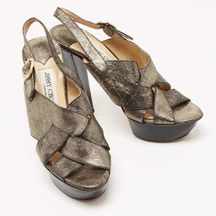 Pre Owned Jimmy Choo Metallic Leather Platform Slingback Sandals Size 37.5
