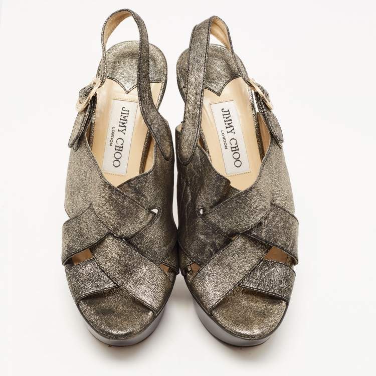 Pre Owned Jimmy Choo Metallic Leather Platform Slingback Sandals Size 37.5