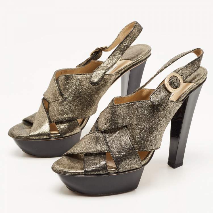 Pre Owned Jimmy Choo Metallic Leather Platform Slingback Sandals Size 37.5