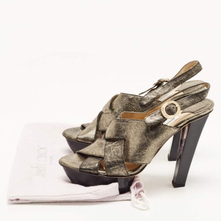 Pre Owned Jimmy Choo Metallic Leather Platform Slingback Sandals Size 37.5