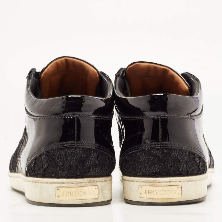 Pre Owned Jimmy Choo Black Patent Leather and Glitter Lace Miami Sneakers Size 38.5