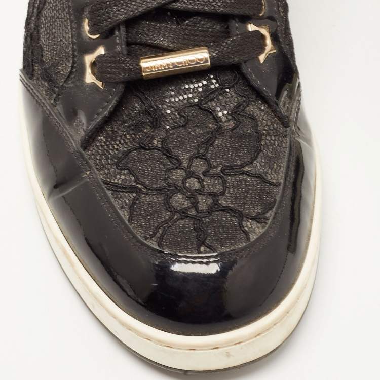 Pre Owned Jimmy Choo Black Patent Leather and Glitter Lace Miami Sneakers Size 38.5