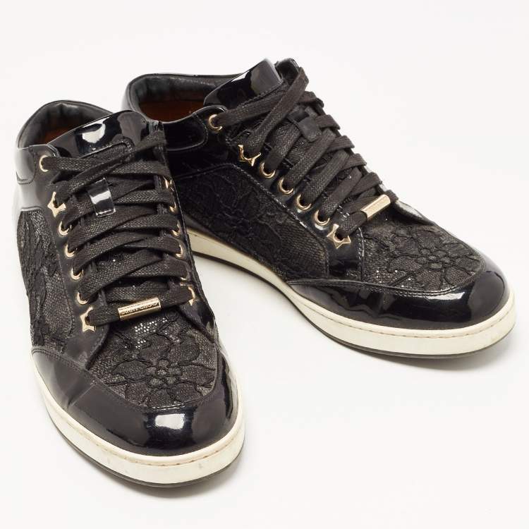 Pre Owned Jimmy Choo Black Patent Leather and Glitter Lace Miami Sneakers Size 38.5