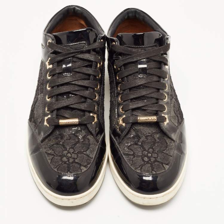 Pre Owned Jimmy Choo Black Patent Leather and Glitter Lace Miami Sneakers Size 38.5