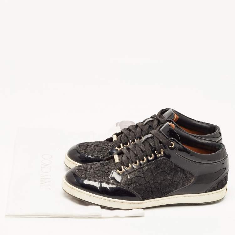 Pre Owned Jimmy Choo Black Patent Leather and Glitter Lace Miami Sneakers Size 38.5