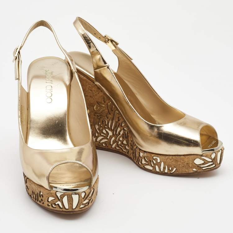 Pre Owned Jimmy Choo Gold Laminated Leather Prova Wedge Sandals Size 41