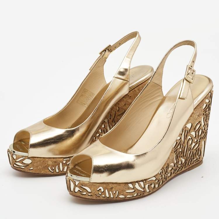 Pre Owned Jimmy Choo Gold Laminated Leather Prova Wedge Sandals Size 41