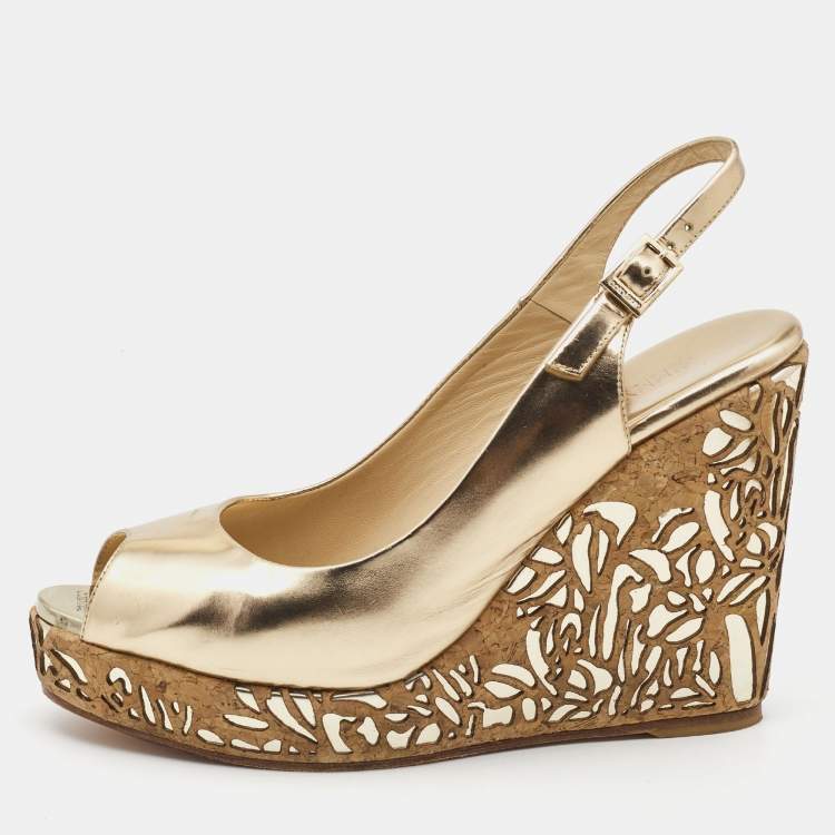 Pre Owned Jimmy Choo Gold Laminated Leather Prova Wedge Sandals Size 41