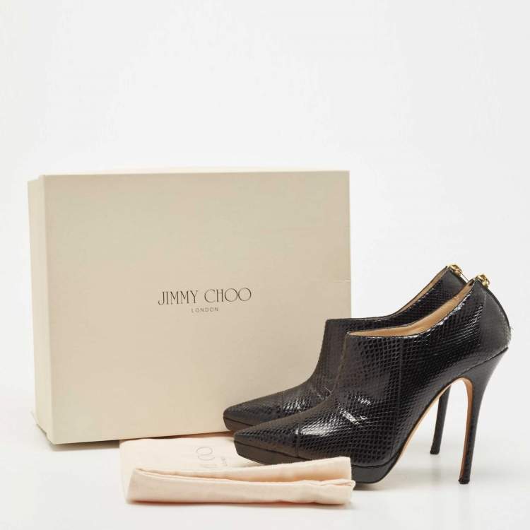 Pre Owned Jimmy Choo Black Python Leather Peep-Toe Ankle Booties Size 38.5