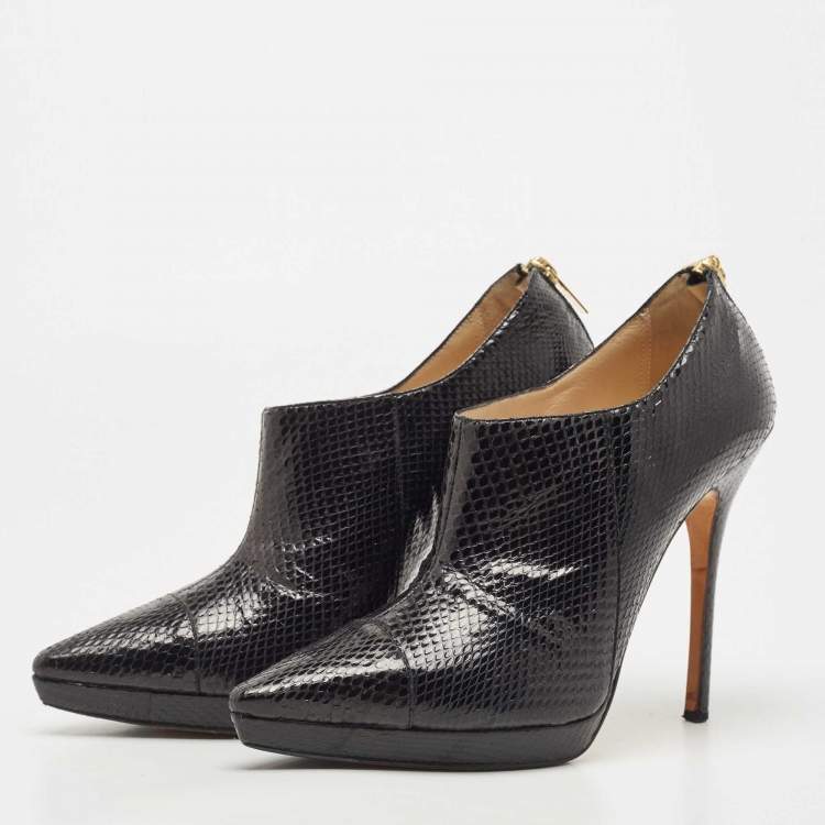 Pre Owned Jimmy Choo Black Python Leather Peep-Toe Ankle Booties Size 38.5