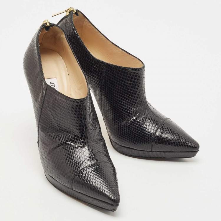 Pre Owned Jimmy Choo Black Python Leather Peep-Toe Ankle Booties Size 38.5