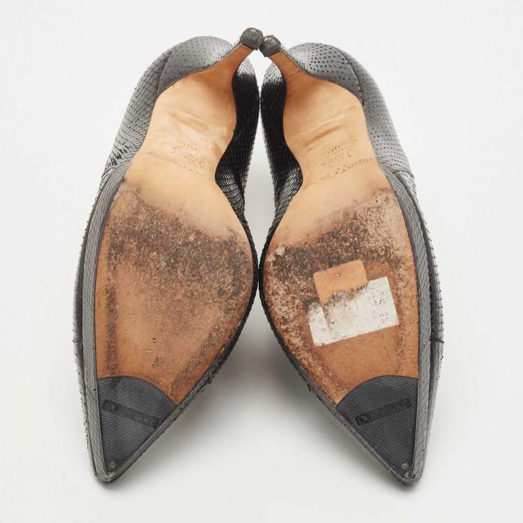 Pre Owned Jimmy Choo Black Python Leather Peep-Toe Ankle Booties Size 38.5