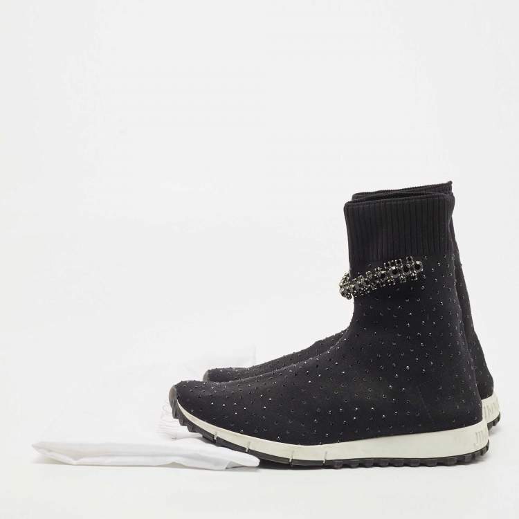 Pre Owned Jimmy Choo Black Crystal Embellished Knit Fabric Regena High Top Sneakers Size 38