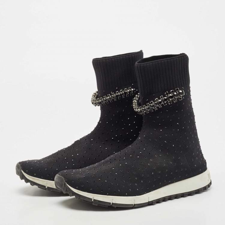 Pre Owned Jimmy Choo Black Crystal Embellished Knit Fabric Regena High Top Sneakers Size 38
