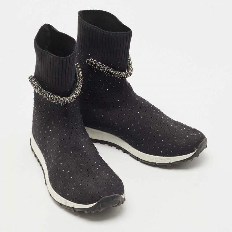Pre Owned Jimmy Choo Black Crystal Embellished Knit Fabric Regena High Top Sneakers Size 38
