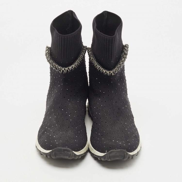 Pre Owned Jimmy Choo Black Crystal Embellished Knit Fabric Regena High Top Sneakers Size 38