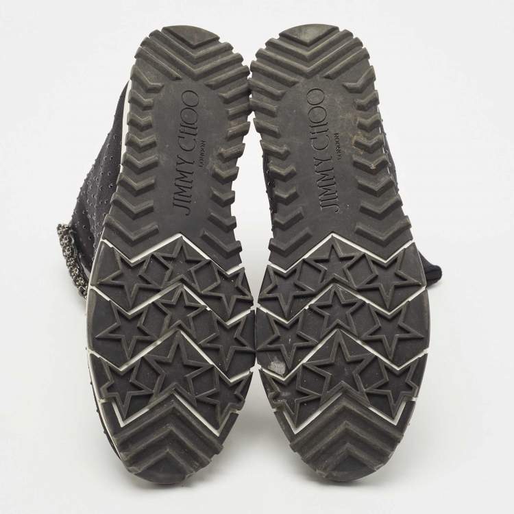 Pre Owned Jimmy Choo Black Crystal Embellished Knit Fabric Regena High Top Sneakers Size 38