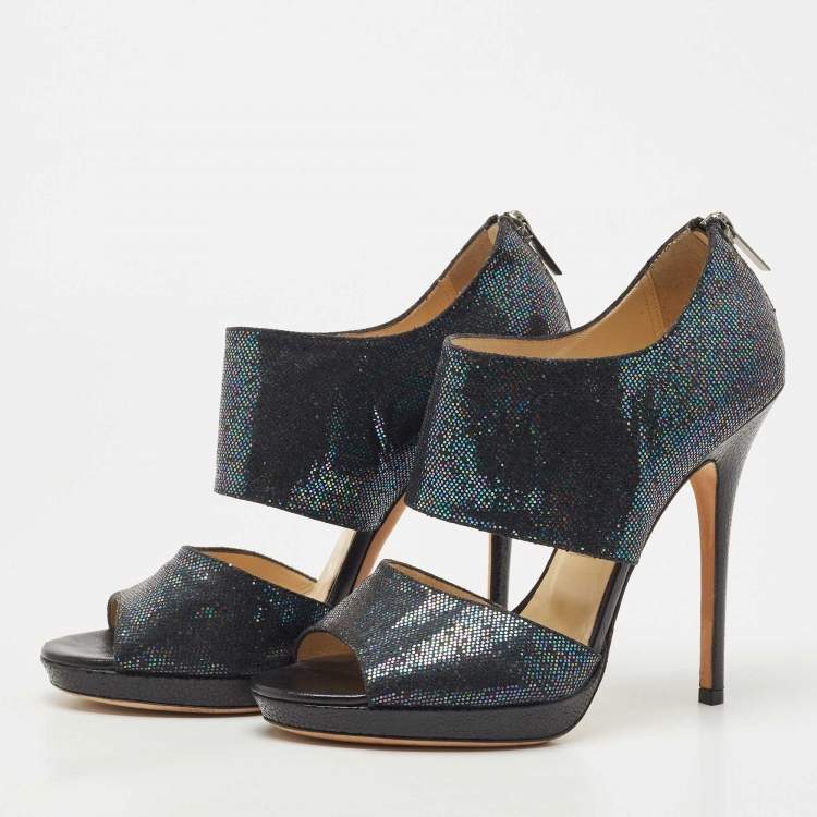 Pre Owned Jimmy Choo Black Glitter Suede Open Toe Pumps Size 39