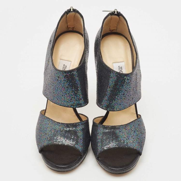 Pre Owned Jimmy Choo Black Glitter Suede Open Toe Pumps Size 39