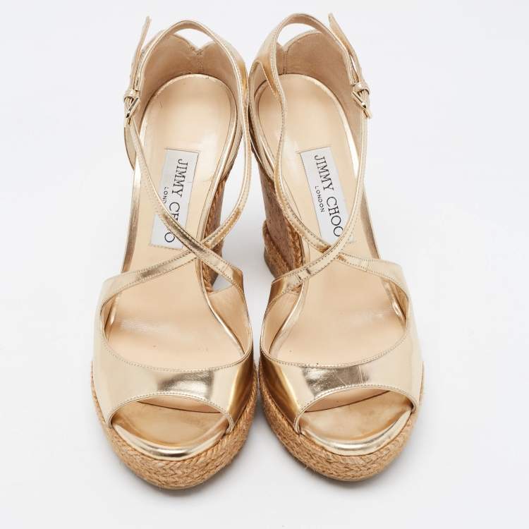 Pre Owned Jimmy Choo Gold Leather Dakota Wedge Sandals Size 37