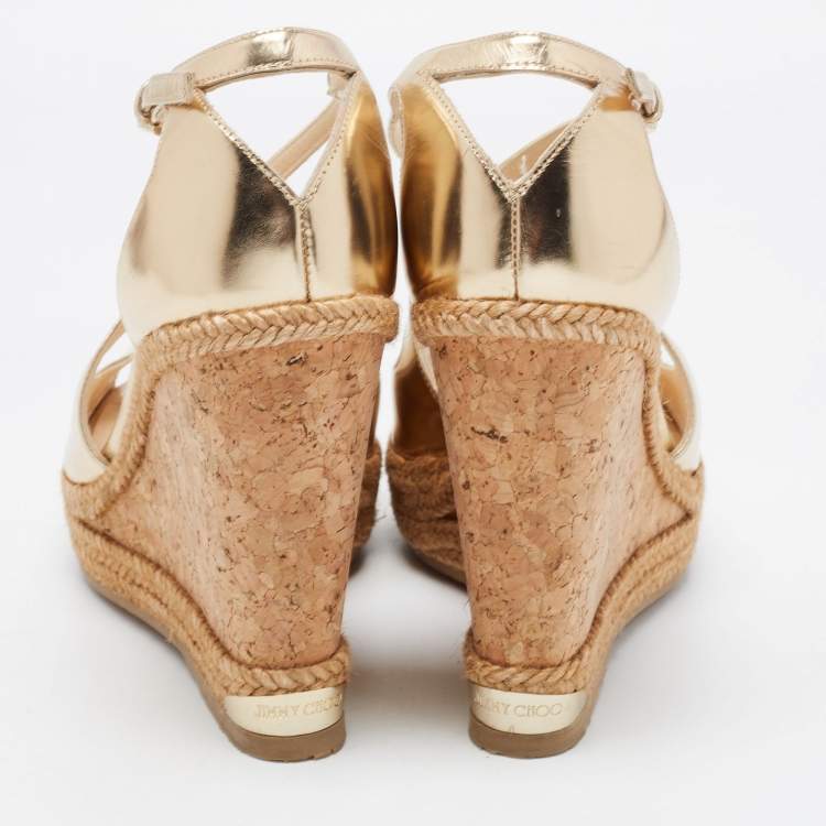 Pre Owned Jimmy Choo Gold Leather Dakota Wedge Sandals Size 37
