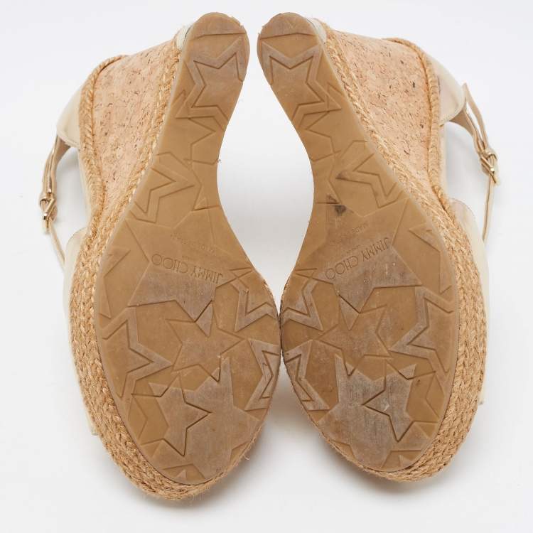 Pre Owned Jimmy Choo Gold Leather Dakota Wedge Sandals Size 37
