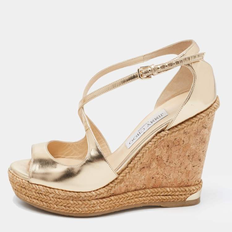 Jimmy Choo PAPYRUS Gold Glitter LOGO PLATE Cork Wedge Sandals EU 41 I LOVE  SHOES | eBay