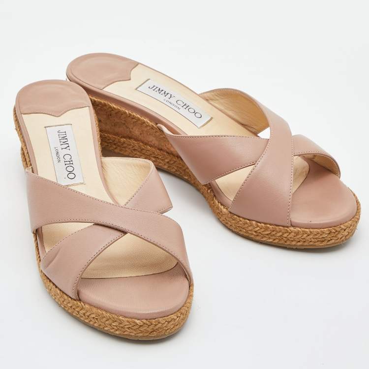 Pre Owned Jimmy Choo Pink Leather Almer Espadrille Wedge Sandals Size 39