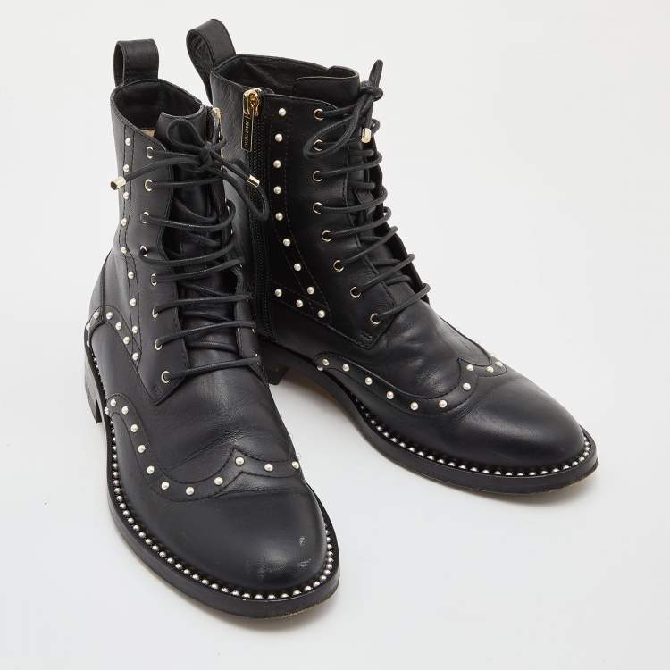 Pre Owned Jimmy Choo Black Leather Studded Ankle Boots Size 38
