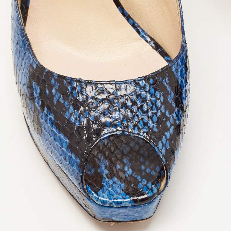 Pre Owned Jimmy Choo Black/Blue Python Leather Peep Toe Platform Slingback Sandals Size 38.5