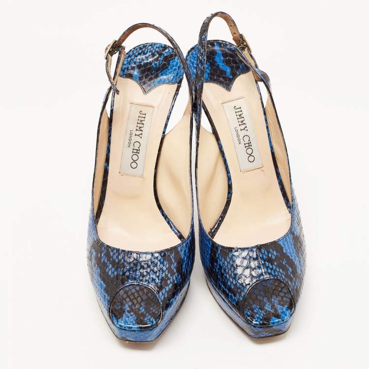 Pre Owned Jimmy Choo Black/Blue Python Leather Peep Toe Platform Slingback Sandals Size 38.5