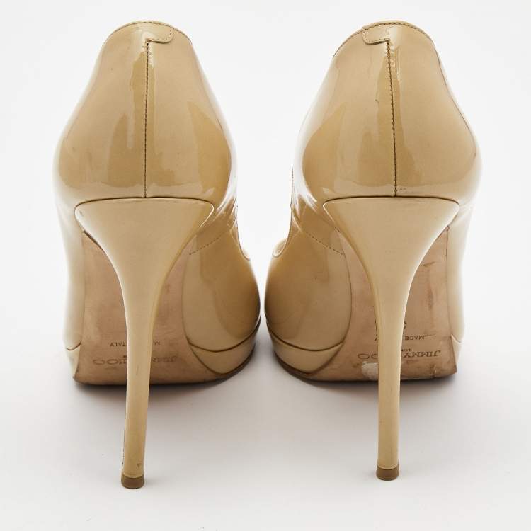 Pre Owned Jimmy Choo Beige Patent Leather Luna Peep Toe Pumps Size 39