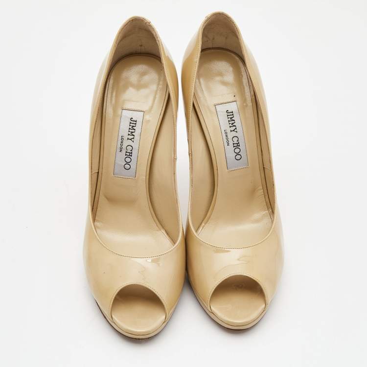 Pre Owned Jimmy Choo Beige Patent Leather Luna Peep Toe Pumps Size 39