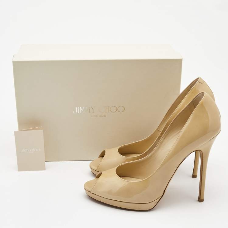 Pre Owned Jimmy Choo Beige Patent Leather Luna Peep Toe Pumps Size 39