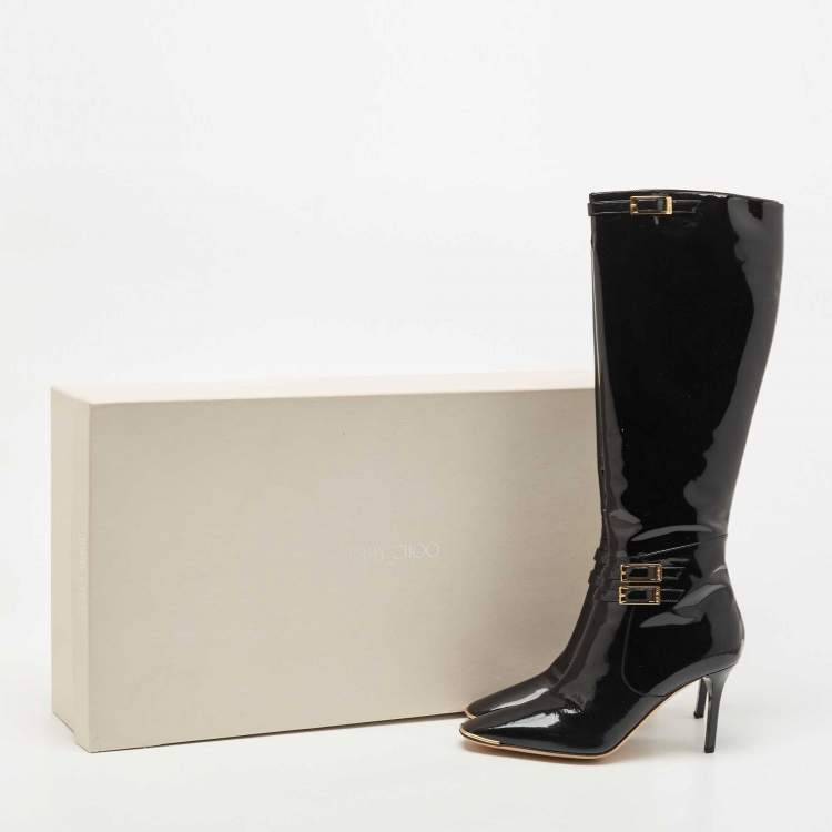 Pre Owned Jimmy Choo Black Patent Leather Sheila Buckle Detail Knee Length Boots Size 38.5