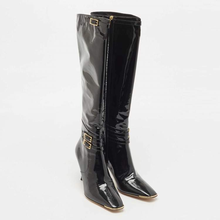 Pre Owned Jimmy Choo Black Patent Leather Sheila Buckle Detail Knee Length Boots Size 38.5
