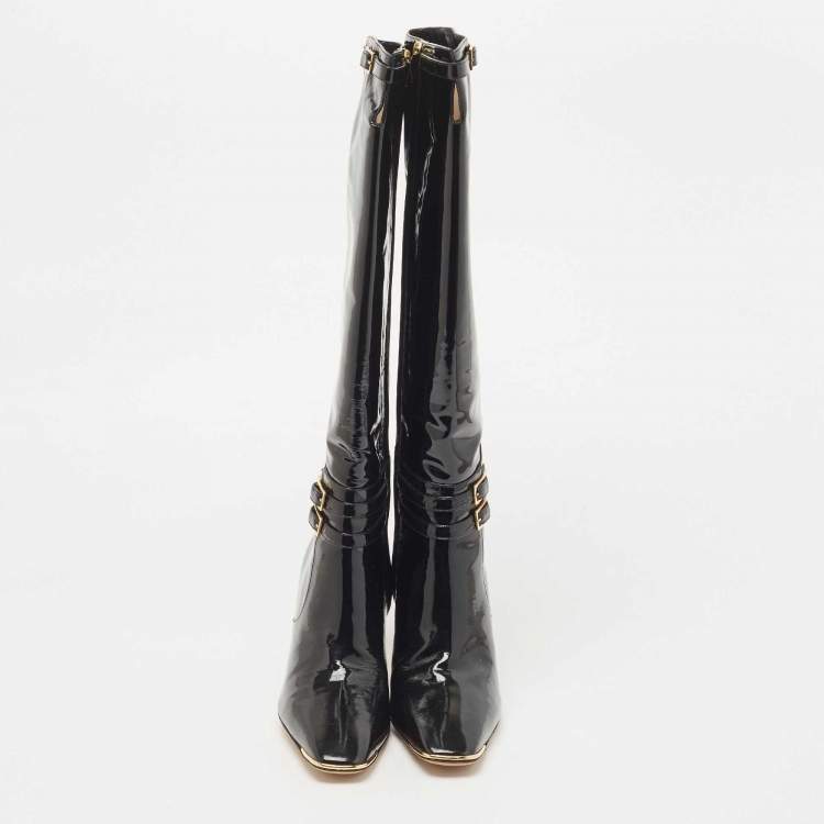 Pre Owned Jimmy Choo Black Patent Leather Sheila Buckle Detail Knee Length Boots Size 38.5