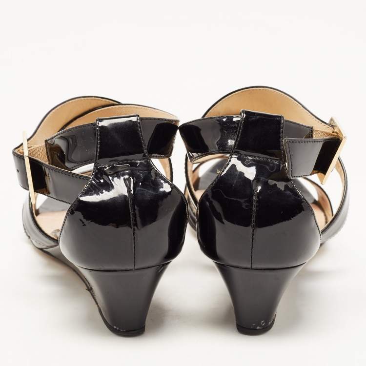 Pre Owned Jimmy Choo Black Patent Leather Cross Strap Slingback Sandals Size 35