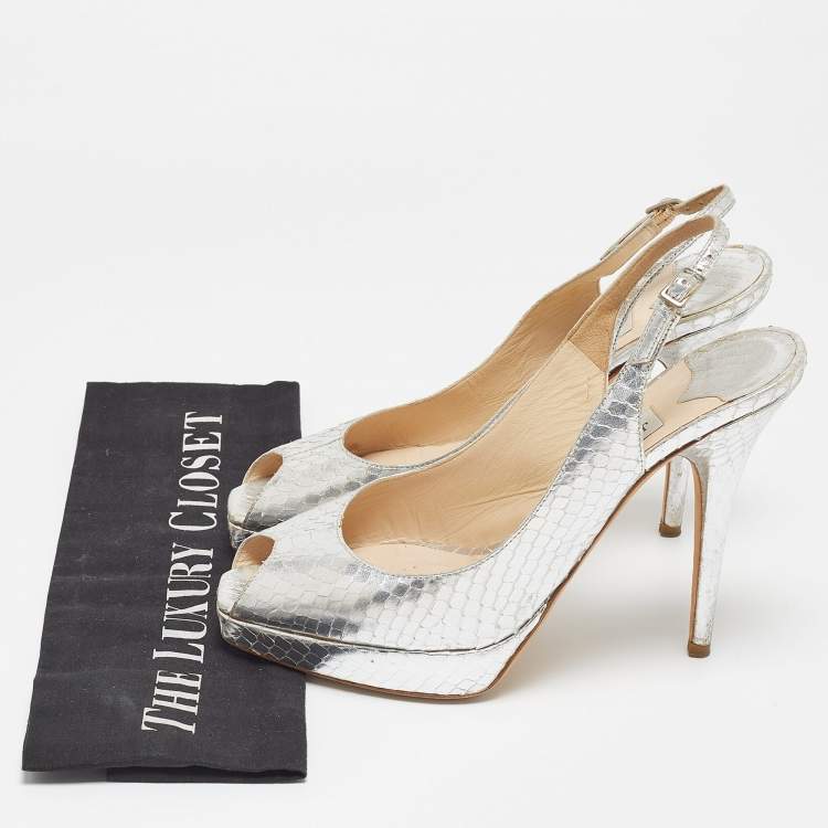 Pre Owned Jimmy Choo Silver Python Embossed Leather Nova Slingback Sandals Size 38