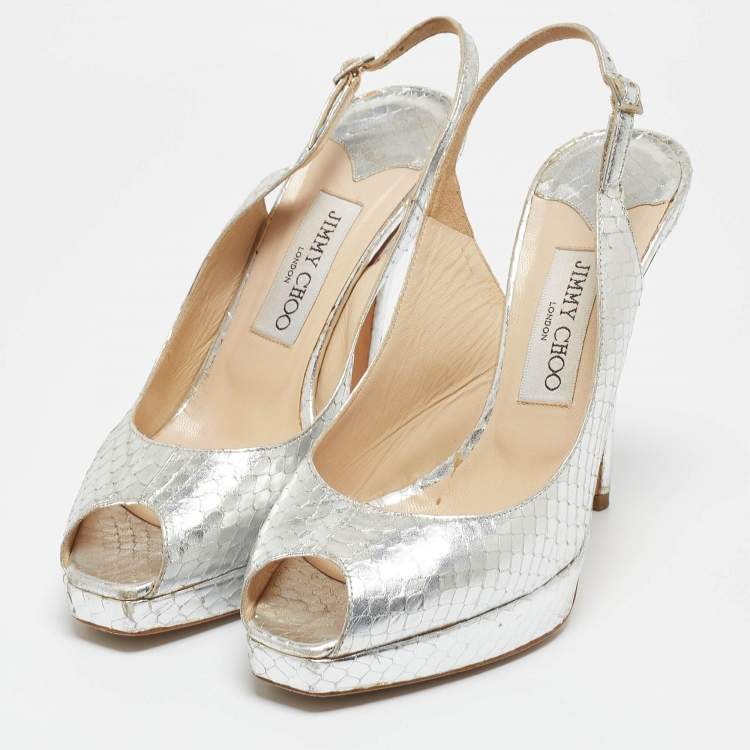 Pre Owned Jimmy Choo Silver Python Embossed Leather Nova Slingback Sandals Size 38