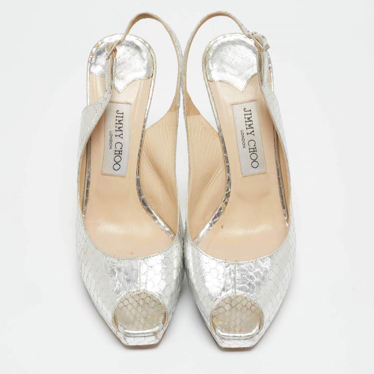 Pre Owned Jimmy Choo Silver Python Embossed Leather Nova Slingback Sandals Size 38