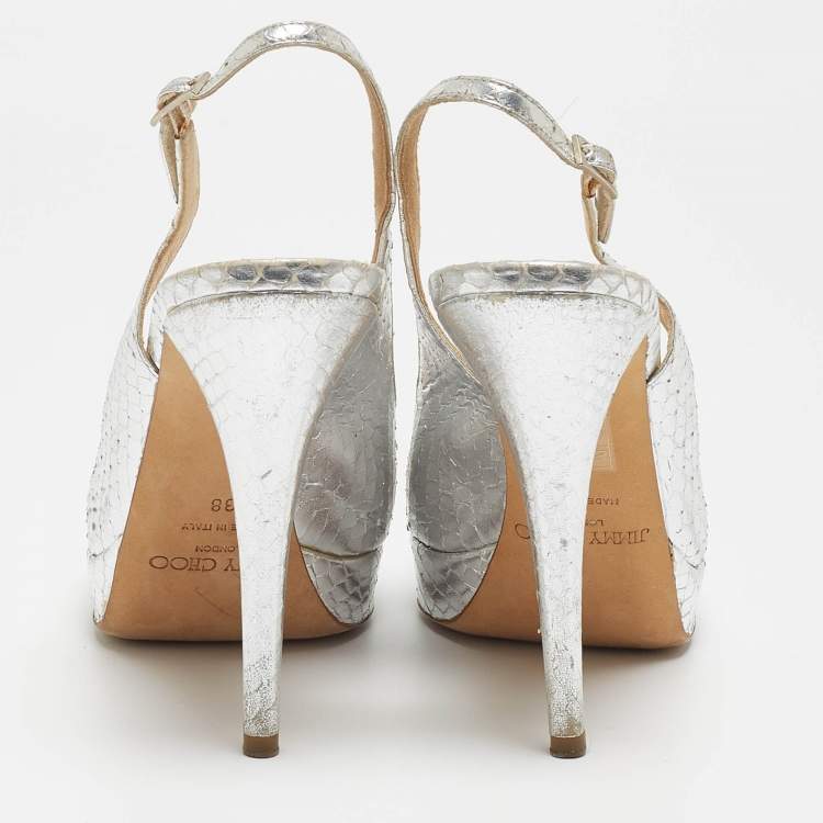 Pre Owned Jimmy Choo Silver Python Embossed Leather Nova Slingback Sandals Size 38