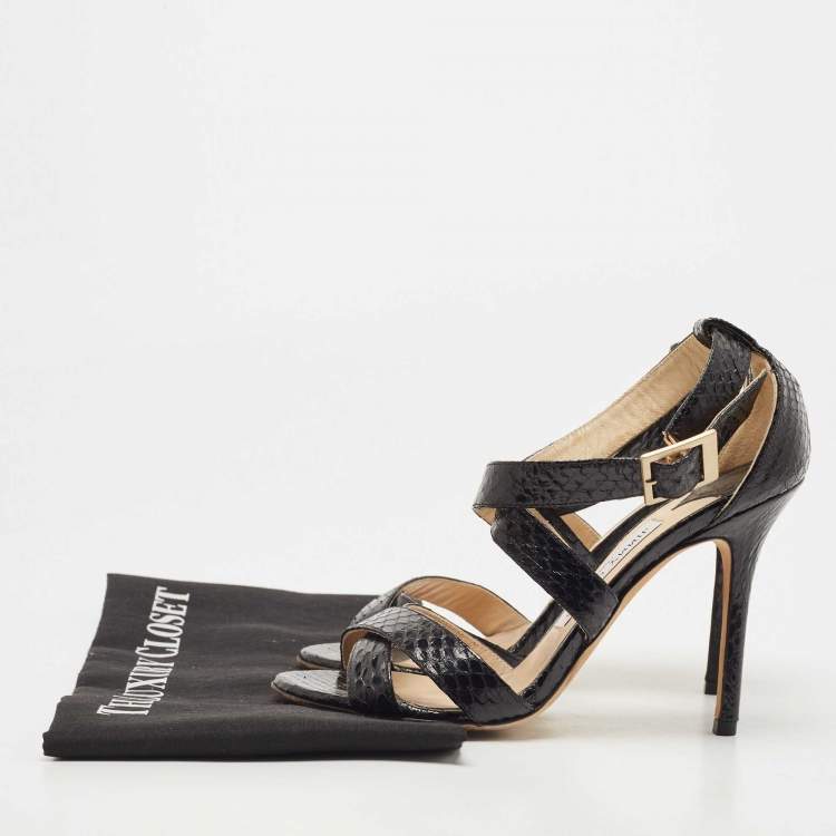 Pre Owned Jimmy Choo Black Python Leather Lottie Cross Strap Sandals Size 37