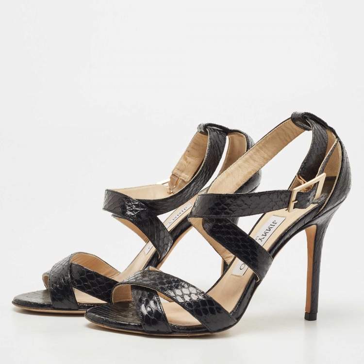 Pre Owned Jimmy Choo Black Python Leather Lottie Cross Strap Sandals Size 37