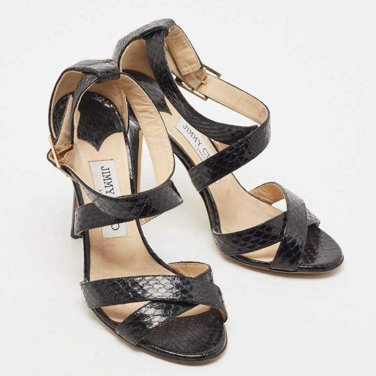 Pre Owned Jimmy Choo Black Python Leather Lottie Cross Strap Sandals Size 37
