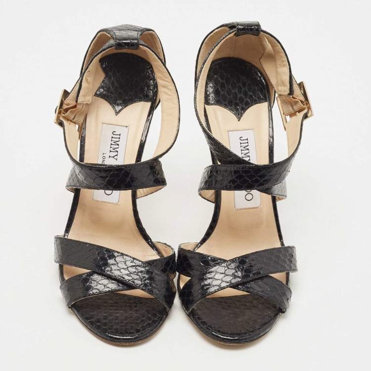 Pre Owned Jimmy Choo Black Python Leather Lottie Cross Strap Sandals Size 37