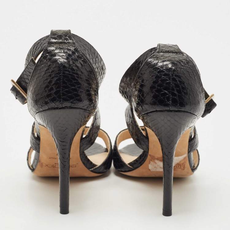 Pre Owned Jimmy Choo Black Python Leather Lottie Cross Strap Sandals Size 37