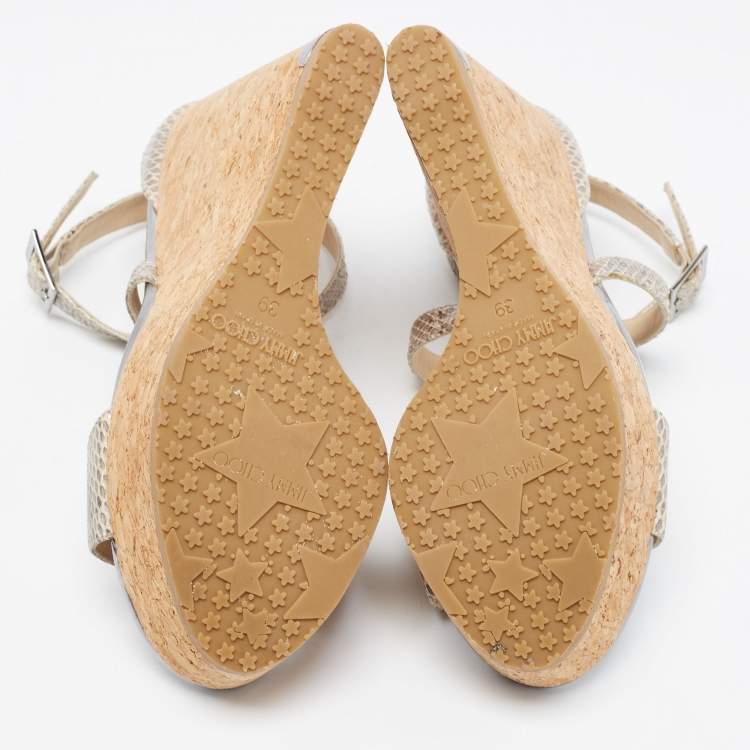 Pre Owned Jimmy Choo Metallic Snakeskin Wedge Ankle Strap Sandals Size 39