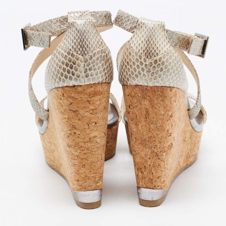 Pre Owned Jimmy Choo Metallic Snakeskin Wedge Ankle Strap Sandals Size 39