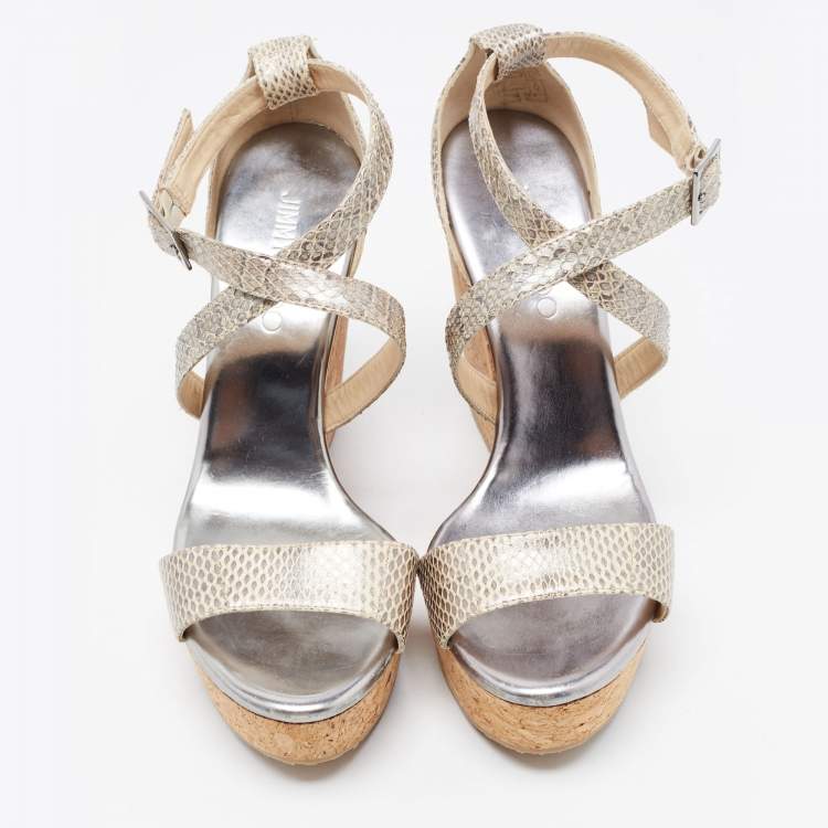 Pre Owned Jimmy Choo Metallic Snakeskin Wedge Ankle Strap Sandals Size 39